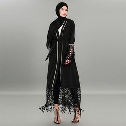 Women Muslim Abaya Dress Patchwork Lace Cardigan Black Muslim Dress Kaftan Dubai Hijab Plus Size 4XL Islamic Clothing304v