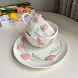 Plates Three-dimensional Relief Tulip Hand-painted Ceramic And Bowls European Classical Fruit Salad Bowl Afternoon Tea Tableware