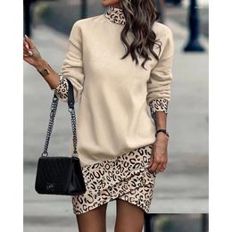 Basic Casual Dresses Women Autumn Winter Fashion Leopard Print High Neck Long Sleeve Dress Waist Mini Drop Delivery Apparel Womens Dh1Xh