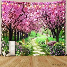 Tapestries Cherry Blossom Path Tapestry Park Bench Garden Stone Wall Landscape Bohemian Tapestry Psychedelic Tapiz Hippie Room Decoration R230713