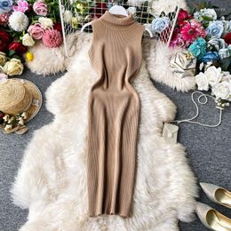 Casual Dresses 2023 Autumn Winter Turtleneck Sweater Dress Women Sleeveless Bottoming Knitted Lady Slim Long Pencil Bodycon Party