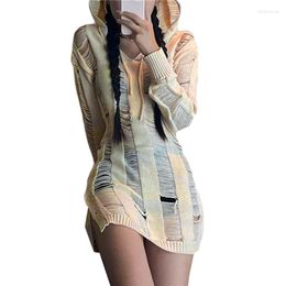 Casual Dresses Xingqing Gothic For Women Solid Color Long Sleeve Ripped Drawstring Hooded Knit Sweater Dress Y2k 2000s Clothes