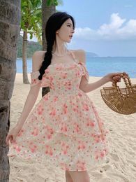 Casual Dresses Summer Sweet Floral Design Elegant Halter Bandage Mini Lady Korean Vintage Beach Strap Ruffles Dress 2023 Women Bohemian