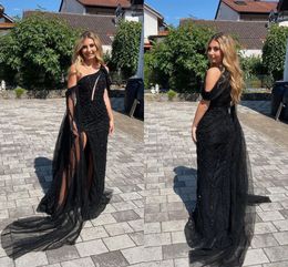 Sexy Black Sheath Prom Dresses Long For Women One Shoulder Sequined High Pleats Side Split Evening Party Birthday Pageant Gowns Formal Wear Special Occasion Dress