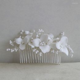 Hair Clips SLBRIDAL Handmade Ceramic Flower Pearls Bridal Comb Pin Wedding Sticker Accessories Women Girls Jewelry