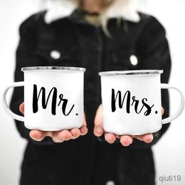 Mugs Mr and Mrs Mugs Cute Valentine's Day Gift His and Hers Lovers Camp Cup Husband and Wife Enamel Mug Gift for Couples R230713