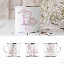 Mugs Personalised Pink Floral Initial Mugs Cute Enamel Coffee Mug Milk Drink Juice Cup Gifts for Her Birthday Mothers Day Wedding R230713