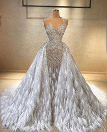 Exquisite Ball Gown Wedding Dresses Sleeveless V Neck Strap Sequins Applique Beads Feather Detachable Train Plus Size Bridal Gowns Custom Made Vestido de novia