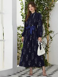 Casual Dresses Women Elegant Maxi 2023 Spring Autumn Luxury Woven Long Sleeve Belt Print Turkish Evening Party Robe Vestido