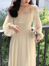 Casual Dresses French Vintage Midi Dress Women Long Sleeve Pure Color Elegant Chiffon Office Lady Lace One Piece Korean 2023 Spring