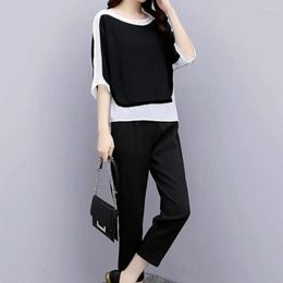 Women's Two Piece Pants 2Pcs/Set O-Neck Batwing Half Sleeve Casual Outfit Mid-rise Pockets Activewear Tee Top Straight Leg Matching Set