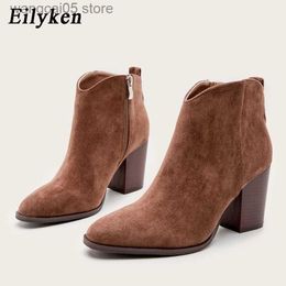 Boots Eilyken 2023 Autumn Faux Suede Ankle Boots Women High Heel Side zipper High top Stacked Block Heel Short Western Cowboy Booties T230713