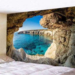 Tapestries Seaside Landscape Cave Beach Sunshine Forest Painting Tapestry Wall Hanging Bohemian Style Psychedelic Home Decor R230713