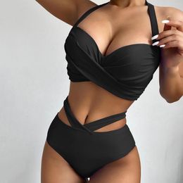 Women's Swimwear Push Up Bikini Set Women 2023 Solid Two Pieces Swimsuit Twisted Cutout Female Halter Biquini Beachwear Bathing Suit