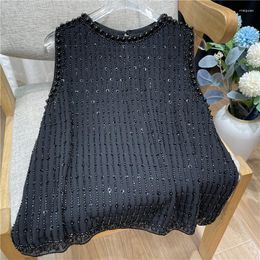 Women's T Shirts Women Summer Fashion Sexy O-Neck Pullover Nail Bead Pearl Chiffon Versatile Casual Celebrity Luxury Vest Black Apricot