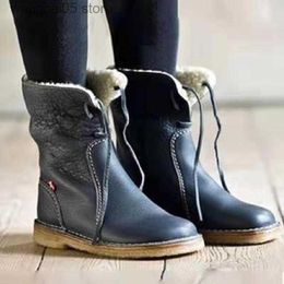 Boots New 2021 Women Winter Mid Calf Boots Leather Snow Boots Lace Up Plush Fur Warm Slip-on Ladies Shoes Square Heel Short Boots T230713