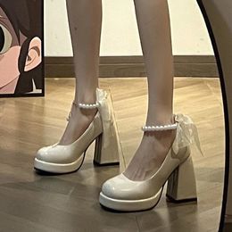 Dress Shoes Platform Women's High Heels Elegant Bow Square Toes Black High Heels Fashion Thick Heels Wedding Party Pearl Lace Wedding Shoes 230713