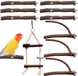 Bird Parrot Perch Stand Set-10 PCS Natural Wood Bird Paraket Stand Branch Fork Perch Rod Stand PAW Slipning Stick Bird Cage Accessories For Pet Budgies Lovebirds