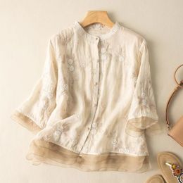 Women's TShirt 2023 Summer Shirts Cotton and Hemp Embroidered Lace Lantern Loose Casual Mid Sleeve Shirt Blouses for Women 230712