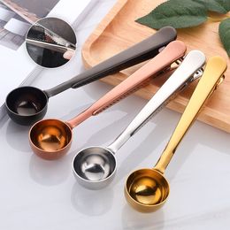 Coffee Scoops 4Color Two-in-one Multifunction Coffee Spoon Stainless Steel Kitchen Supplies Scoop With Bag Seal Clip Coffee Measuring Spoon 230712