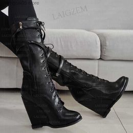 Boots Women Calf High Boots Side Zip Wedges High Heels Boots Round Toe Wide Calf Friendly Ladies Shoes Woman Big Size 42 47 52 T230713