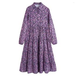 Casual Dresses Autumn Clothes Women 2023 Tiered Vintage Floral Print Midi Dress Long Sleeve Turn Down Collar Button Up Elegant Shirt