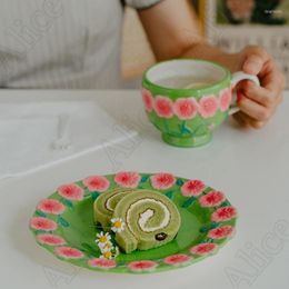 Plates French Vintage Flower Dinner Afternoon Tea Fruit Salad Ceramic Plate Nordic Three-dimensional Relief Coffee Cup Tableware