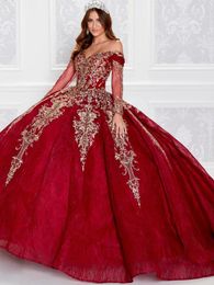 Burgundy Off Shoulder Long Sleeve Quinceanera Dresses Gillter Applique Sequins Embroidered Lace sweet 15 vestido xv anos rojo