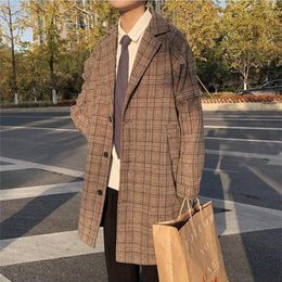 Men's Tracksuits Gmiixder 3pcs Set Medium Plaid Woolen Coat For Men Autumn Winter Versatile Windbreaker Hong Kong Style Loose Elegant