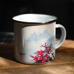 Mugs Japan's Mount Fuji cherry blossoms Coffee Enamel Cup 11oz Office Coffee Mug Friends Birthday Gift R230713