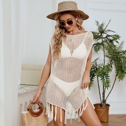 Casual Dresses Women Summer Hollow Out Tassel Loose Sundresses Beach Style Sexy Sheer Solid Colour Sleeveless O-neck Mesh Streetwear Blouse