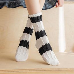 Women Socks Embossed Striped Women's Mid-Tube Spring And Summer Thin Section Black White College Style Cute Lace Modern Trend