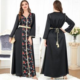 Ethnic Clothing Moroccan Party Kaftan 2 Pieces Muslim Sets Women Belt Flower Print Lace Trim Abaya Ramadan Arabic Wedding Evening Dresses