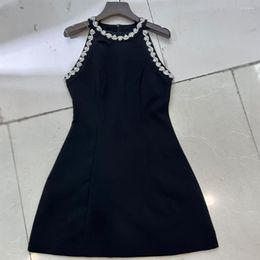 Casual Dresses Black Drill Tank Dress Woman Spring Summer O Neck Office Lady Bead For Women 2023