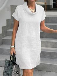 Party Dresses Vintage Cotton Linen Dress Women Clothing Summer Casual Pile Collar Chic Tunicas Fashion Oversize Midi White Vestidos