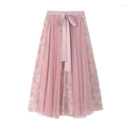 Skirts Tulle Womens 2023 Summer Fashion Elastic High Waist Lace Mesh Tutu Maxi Pleated Long Midi Patchwork Skirt