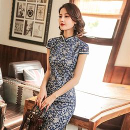 SHENG COCO Ladies Lace Qiapo Dress Navy Blue Cheongsam Leaves Pattern Traditional Clothing Chinese Latest Lace Qipao Dresses295F