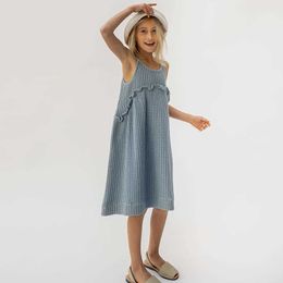 Girl's Dresses Girls Waffle Sleeveless Dress 2023 Summer New Teen Girl Beach Holiday Spaghetti Strap Dress With Frill TZ100HKD230712