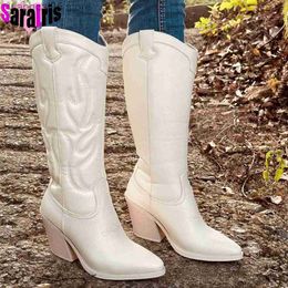 Boots Brand New Retro Vintage Western Boots Women Autumn Winter Chunky High Heels Cowboy Mid Calf Boots Female Cowgirls Shoes Woman T230713