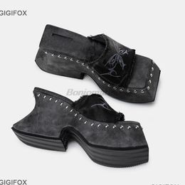 Sandals GIGIFOX Platform Sandals For Women Denim Butterfly Fashion Metal Design Fashion Rivet Slip On Punk Sandasl Shoes Summer Goth 230713