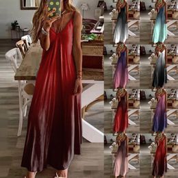 Casual Dresses Women Gradient Maxi Dress Summer Spaghetti Strap Boho A Line Long Ladies Loose V-Neck Beach Camis Sundress