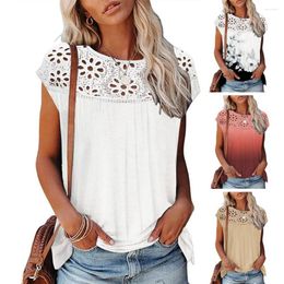 Women's Blouses Women Summer Cooling T-shirt Lace Stitching Hollow Out O-Neck Mid Length Dating Flower Print Casual Commute Shirt Female
