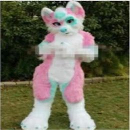 costume Profession made Pink Long Fur Furry Fox Wolf Husky Dog Mascot Costume Fursuit Adult Cartoon Christmas party231H