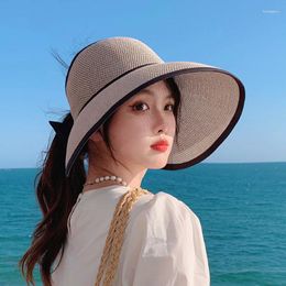 Wide Brim Hats Summer Women Bowknot Straw Long Empty Top Visor Caps Female Outdoor UV Proection Beach Sun Hat