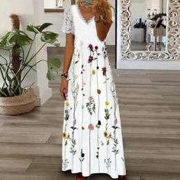 Casual Dresses Women Summer Dress Flower Print Lace Patchwork Short Sleeves V Neck A-line See-through Beach Maxi Clothes