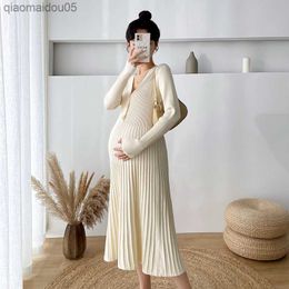 6813# Autumn Winter Korean Fashion Knitted Maternity Sweaters Dress Elegant A Line Slim Clothes for Pregnant Women Hot Pregnancy L230712