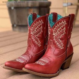 Boots BONJOMARISA Embroidered Western Boots For Women Ankle Short Boots Cowboy Cowgirls Slip On Chunky Heel Vintage Shoes 2022 New T230713