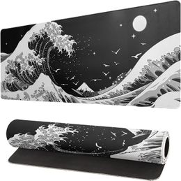 Japanese Black Sea Wave Mouse Pad Abstract Black Gaming Mouse Pad 31.5x11.8 Inch Sea Wave Texture Large Mousepad Stitched Edges