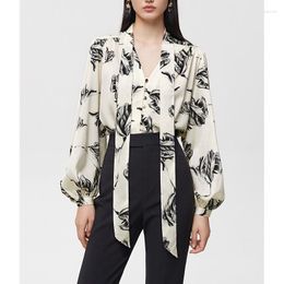 Women's Blouses 2023 Summer French Vintage Print Ribbon V Neck Long Sleeve Loose Shirt Blouse Women Tops