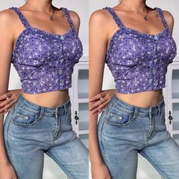 Women's Tanks Women Spaghetti Strap Crop For Tank Top Small Purple Floral Pattern Slim Camisole Sexy Backless Button Front Ves 10CF